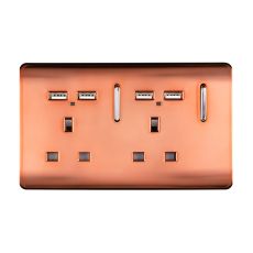 Trendi, Artistic Modern 2 Gang 13Amp Switched Double Socket With 4X 2.1Mah USB Copper Finish, BRITISH MADE, (45mm Back Box Required), 5yrs Warranty