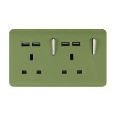 Trendi, Artistic 2 Gang 13Amp Switched Double Socket With 4X 2.1Mah USB Moss Green Finish, BRITISH MADE, (45mm Back Box Required), 5yrs Warranty