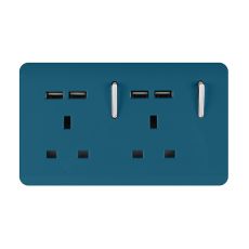 Trendi, Artistic 2 Gang 13Amp Switched Double Socket With 4X 2.1Mah USB Ocean Blue Finish, BRITISH MADE, (45mm Back Box Required), 5yrs Warranty