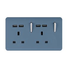 Trendi, Artistic 2 Gang 13Amp Switched Double Socket With 4X 2.1Mah USB Sky Finish, BRITISH MADE, (45mm Back Box Required), 5yrs Warranty