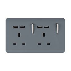 Trendi, Artistic 2 Gang 13Amp Switched Double Socket With 4X 2.1Mah USB Warm Grey Finish, BRITISH MADE, (45mm Back Box Required), 5yrs Warranty