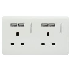 Trendi, Artistic Modern 2 Gang 13Amp Switched Double Socket With 4X 2.1Mah USB Ice White Finish, BRITISH MADE, (45mm Back Box Required) 5yrs Wrnty