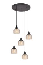 Arvo 5 Light Round Pendant, E27, Satin Black/Prismatic Dome Glass, Amber