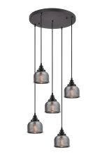 Arvo 5 Light Round Pendant, E27, Satin Black/Prismatic Dome Glass, Smoke