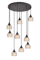 Arvo 9 Light Round Pendant, E27, Satin Black/Prismatic Dome Glass, Amber