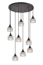 Arvo 9 Light Round Pendant, E27, Satin Black/Prismatic Dome Glass, Clear