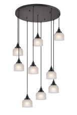 Arvo 9 Light Round Pendant, E27, Satin Black/Prismatic Dome Glass, Frosted