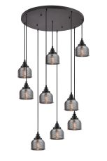 Arvo 9 Light Round Pendant, E27, Satin Black/Prismatic Dome Glass, Smoke