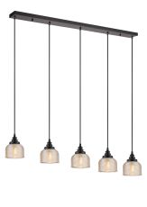 Arvo 5 Light Linear Pendant, E27, Satin Black/Prismatic Dome Glass, Amber