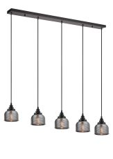 Arvo 5 Light Linear Pendant, E27, Satin Black/Prismatic Dome Glass, Smoke