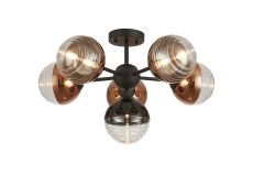 Fiorella 62cm Semi-Flush Multi Arm Ceiling Light, 6 x G9, Satin Black/Black/Copper/Clear Two-Tone Round Spiral Glass (A)