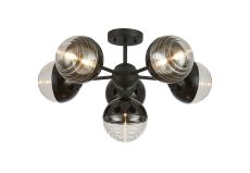 Fiorella 62cm Semi-Flush Multi Arm Ceiling Light, 6 x G9, Satin Black/Black/Clear Two-Tone Round Spiral Glass (A)