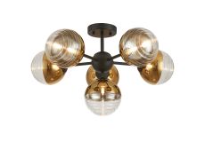 Fiorella 62cm Semi-Flush Multi Arm Ceiling Light, 6 x G9, Satin Black/Gold/Clear Two-Tone Round Spiral Glass (A)