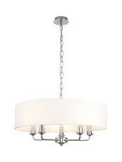 Banyan 5 Light Multi Arm Pendant, With 1.5m Chain, E14 Polished Chrome With 60cm x 15cm Faux Silk Shade, White