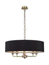 Banyan 5 Light Multi Arm Pendant, With 1.5m Chain, E14 Antique Brass With 60cm x 15cm Faux Silk Shade, black