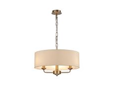 Banyan 3 Light Multi Arm Pendant, With 1.5m Chain, E14 Antique Brass With 45cm x 15cm Faux Silk Shade, Ivory Pearl/White Laminate