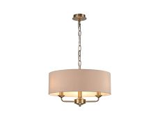 Banyan 3 Light Multi Arm Pendant, With 1.5m Chain, E14 Antique Brass With 45cm x 15cm Dual Faux Silk Shade, Nude Beige/Moonlight