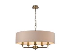 Banyan 5 Light Multi Arm Pendant, With 1.5m Chain, E14 Antique Brass With 60cm x 15cm Dual Faux Silk Shade, Nude Beige/Moonlight