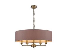 Banyan 5 Light Multi Arm Pendant, With 1.5m Chain, E14 Antique Brass With 60cm x 15cm Dual Faux Silk Shade, Taupe/Halo Gold