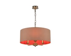 Banyan 3 Light Multi Arm Pendant, With 1.5m Chain, E14 Antique Brass With 50cm x 20cm Dual Faux Silk Shade, Antique Gold/Ruby