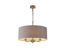 Banyan 3 Light Multi Arm Pendant, With 1.5m Chain, E14 Antique Brass With 50cm x 20cm Faux Silk Shade, Grey/White Laminate
