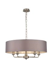 Banyan 5 Light Multi Arm Pendant, With 1.5m Chain, E14 Satin Nickel With 60cm x 15cm Faux Silk Shade, Grey