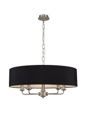 Banyan 5 Light Multi Arm Pendant, With 1.5m Chain, E14 Satin Nickel With 60cm x 15cm Faux Silk Shade, black