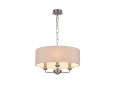 Banyan 3 Light Multi Arm Pendant, With 1.5m Chain, E14 Satin Nickel With 45cm x 15cm Dual Faux Silk Shade, Nude Beige/Moonlight