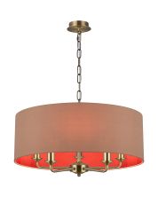 Banyan 5 Light Multi Arm Pendant, With 1.5m Chain, E14 Antique Brass With 60cm x 22cm Dual Faux Silk Shade, Antique Gold/Ruby