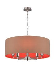 Banyan 5 Light Multi Arm Pendant, With 1.5m Chain, E14 Satin Nickel With 60cm x 22cm Dual Faux Silk Shade, Antique Gold/Ruby