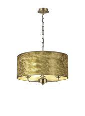 Banyan 3 Light Multi Arm Pendant, 1.5m Chain, E14 Antique Brass With 50cm x 20cm Gold Leaf With White Lining Shade