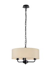 Banyan 3 Light Multi Arm Pendant With 45cm x 15cm Faux Silk Fabric Shade Matt Black/Ivory Pearl