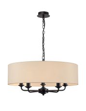 Banyan 5 Light Multi Arm Pendant With 60cm x 15cm Faux Silk Fabric Shade Matt Black/Ivory Pearl