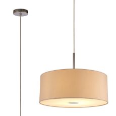 Baymont Polished Chrome 1 Light E27  Single Pendant With 50cm x 20cm Dual Faux Silk Shade, Nude Beige/Moonlight With Frosted/PC Acrylic Diffuser