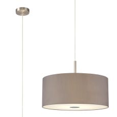 Baymont Satin Nickel  3 Light E27 Single Pendant With 50cm x 20cm Faux Silk Shade, Grey/White Laminate & Frosted/PC Acrylic Diffuser