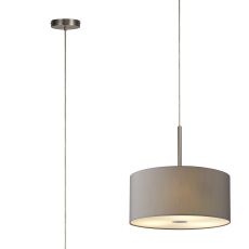 Baymont Satin Nickel  5 Light E27 Single Pendant With 40cm x 18cm Faux Silk Shade, Grey/White Laminate & Frosted/SN Acrylic Diffuser