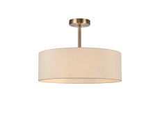 Baymont Antique Brass 3 Light E27 Semi Flush Fixture, With 45cm x 15cm Faux Silk Shade, Ivory Pearl/White Laminate