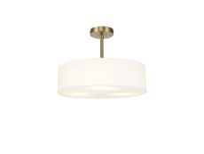 Baymont Antique Brass 5 Light E27 Semi Flush Fixture, With 45cm x 15cm Faux Silk Shade, White