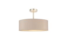 Baymont Satin Nickel 5 Light E27 Semi Flush Fixture, With 45cm x 15cm Dual Faux Silk Shade, Nude Beige/Moonlight