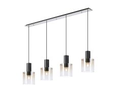 Brandroot Linear Pendant, 4 Light Adjustable E27, Black/Polished Chrome/Amber Fade Glass