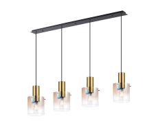Brandroot Linear Pendant, 4 Light Adjustable E27, Brass/Sand Black/Polished Chrome/Iridescent Fade Glass