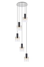 Brandroot 65cm Round Pendant, 5 Light Adjustable E27, Black/Amber Fade Glass