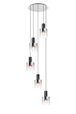 Brandroot 65cm Round Pendant, 5 Light Adjustable E27, Black/Iridescent Fade Glass