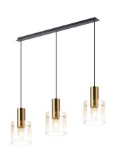 Brandroot Linear Pendant, 3 Light Adjustable E27, Brass/Sand Black/Amber Fade Glass
