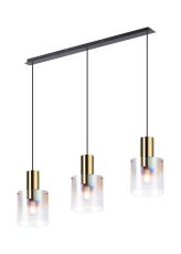 Brandroot Linear Pendant, 3 Light Adjustable E27, Brass/Sand Black/Iridescent Fade Glass