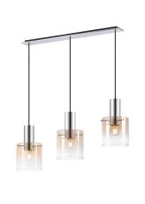 Brandroot Linear Pendant, 3 Light Adjustable E27, Polished Nickel/Black/Amber Fade Glass