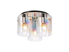 Brandroot 37cm Round Ceiling Flush, 3 Light Flush Fitting, Polished Nickel/Black/Iridescent Fade Glass