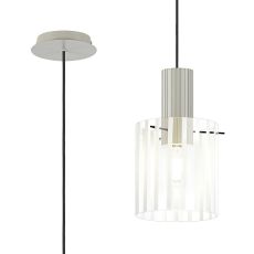 Brandroot Ribbed 21cm Single Pendant, 1 Light Adjustable E27, Beige Stone/Frosted/Clear Wide Line Glass