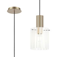 Brandroot Ribbed 21cm Single Pendant, 1 Light Adjustable E27, Light Gold/Frosted/Clear Wide Line Glass