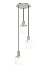 Brandroot Ribbed 49.5cm Round Pendant, 3 Light Adjustable E27, Beige Stone/Frosted/Clear Wide Line Glass